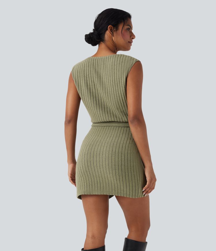 Ribbed Knit Sleeveless Belted Wrap Bodycon Mini Casual Dress