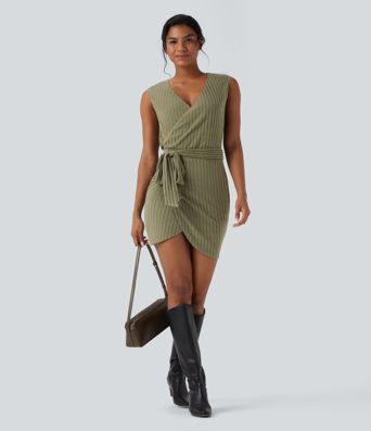 Ribbed Knit Sleeveless Belted Wrap Bodycon Mini Casual Dress