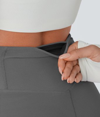 Crossover High Waisted Pocket Waffle Casual Flare Pants