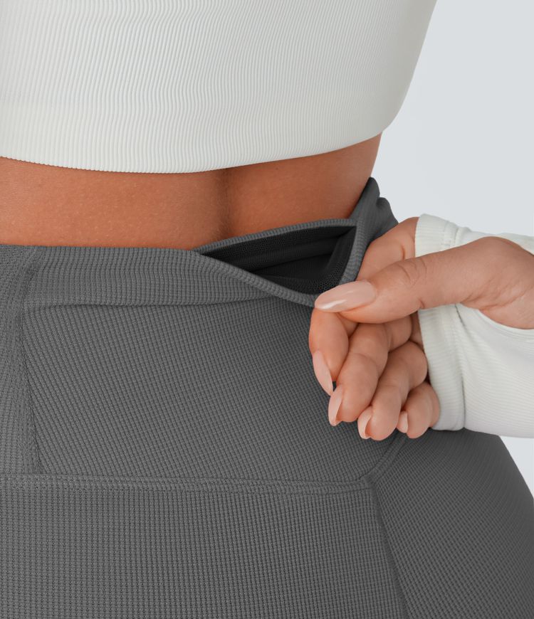 Crossover High Waisted Pocket Waffle Casual Flare Pants