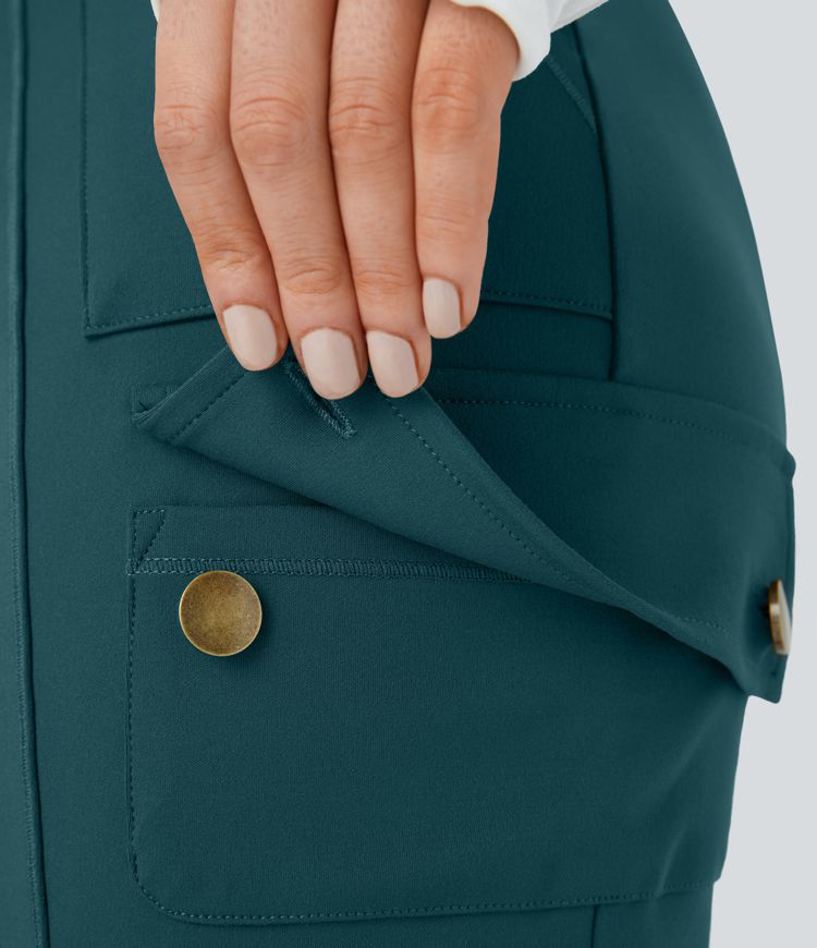 High Waisted Zipper Pockets Solid Skinny Women Cargo Pants