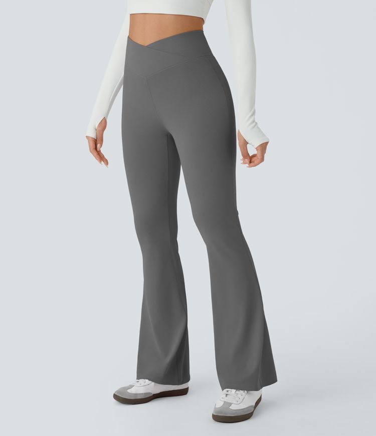 Crossover High Waisted Pocket Waffle Casual Flare Pants