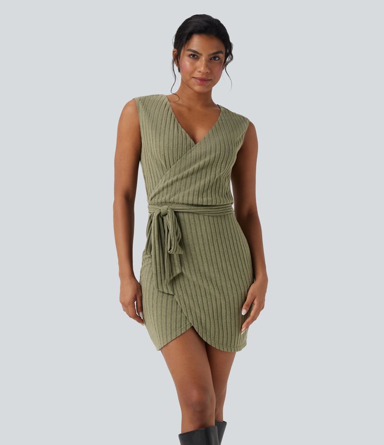 Ribbed Knit Sleeveless Belted Wrap Bodycon Mini Casual Dress