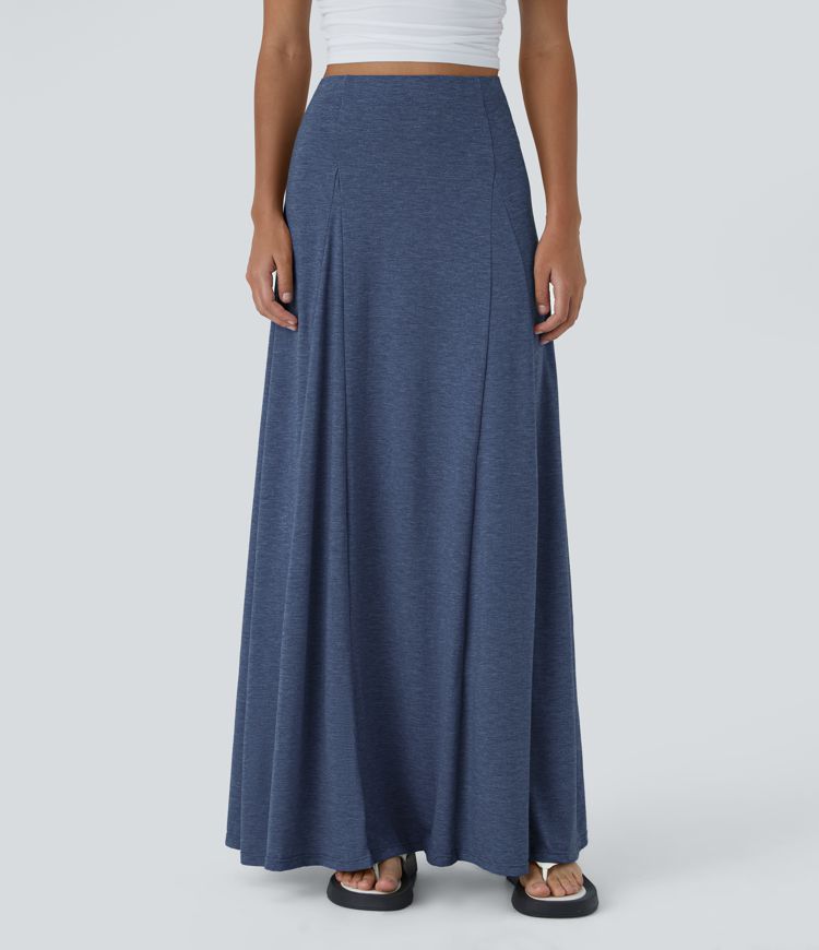High Waisted Side Zipper Maxi Casual Flare Skirt