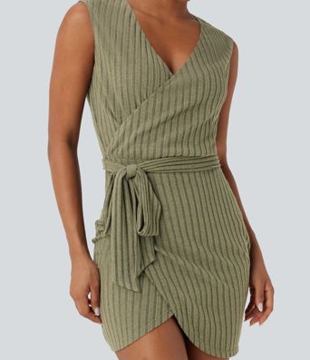 Ribbed Knit Sleeveless Belted Wrap Bodycon Mini Casual Dress