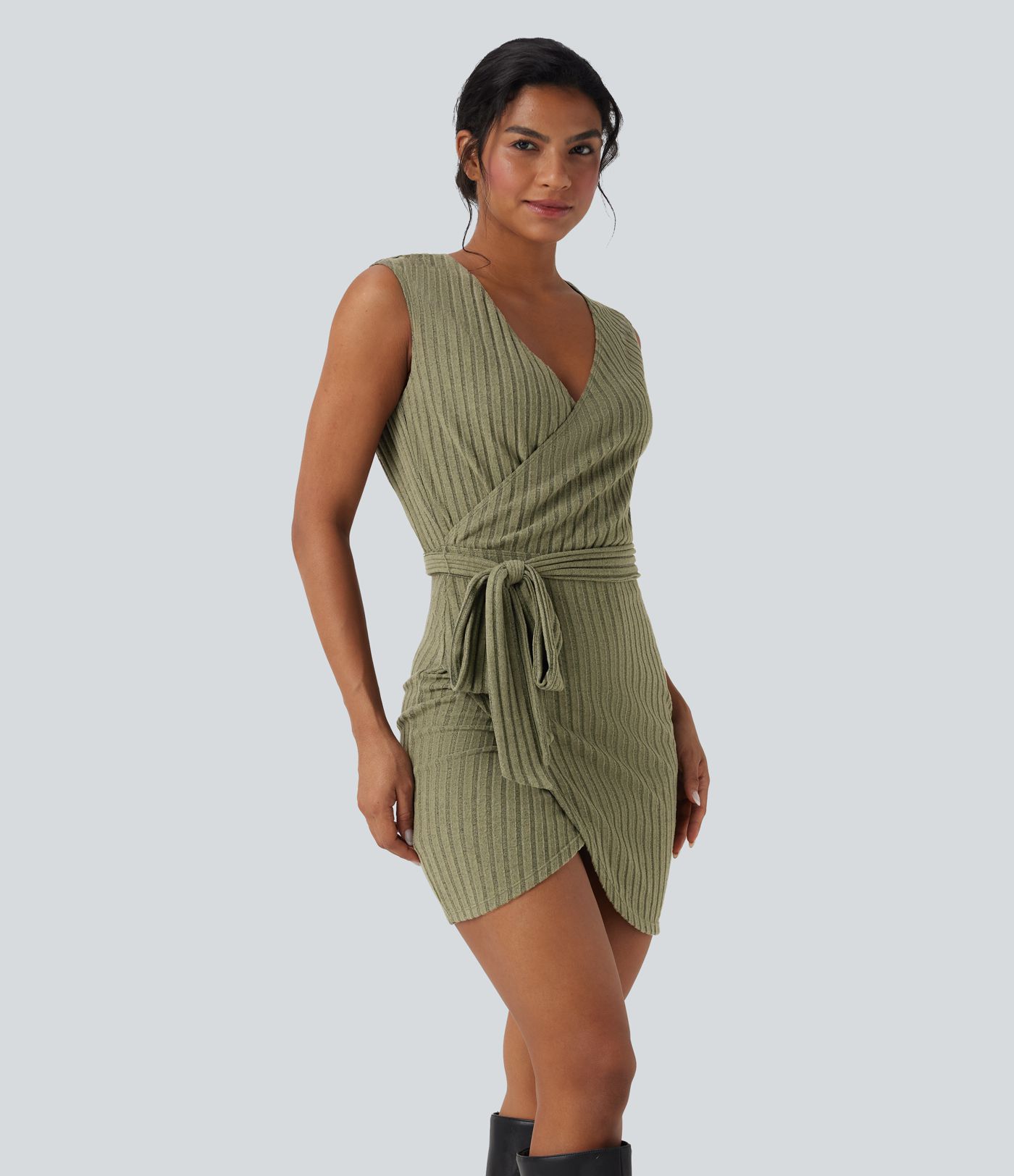 Ribbed Knit Sleeveless Belted Wrap Bodycon Mini Casual Dress