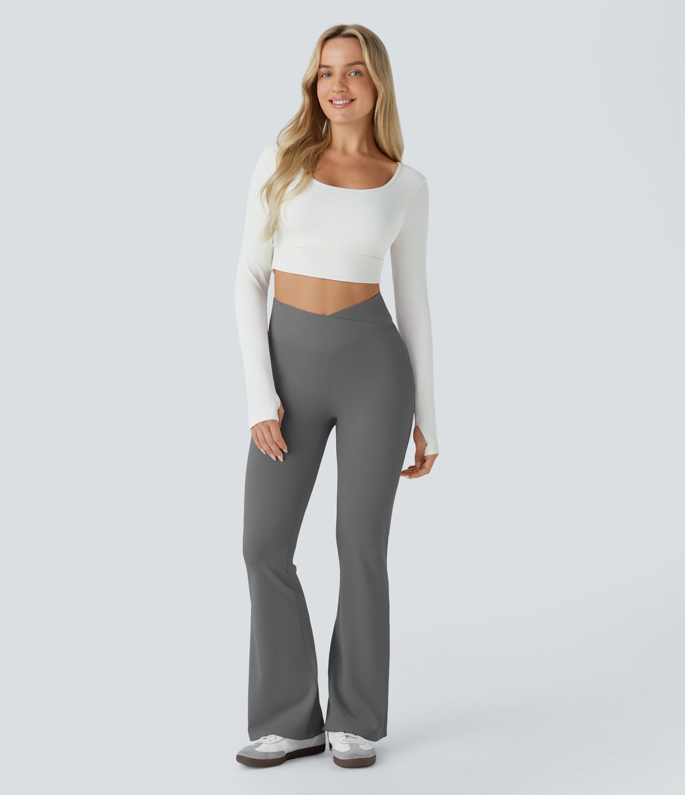 Crossover High Waisted Pocket Waffle Casual Flare Pants