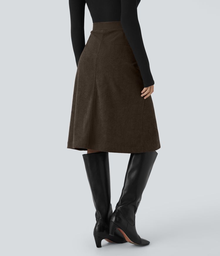 Mid Rise Front Side Flap Pocket Midi Corduroy Casual Skirt