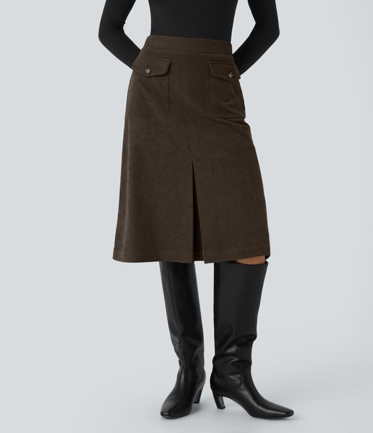 Mid Rise Front Side Flap Pocket Midi Corduroy Casual Skirt