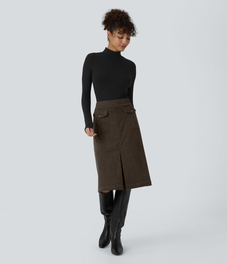 Mid Rise Front Side Flap Pocket Midi Corduroy Casual Skirt