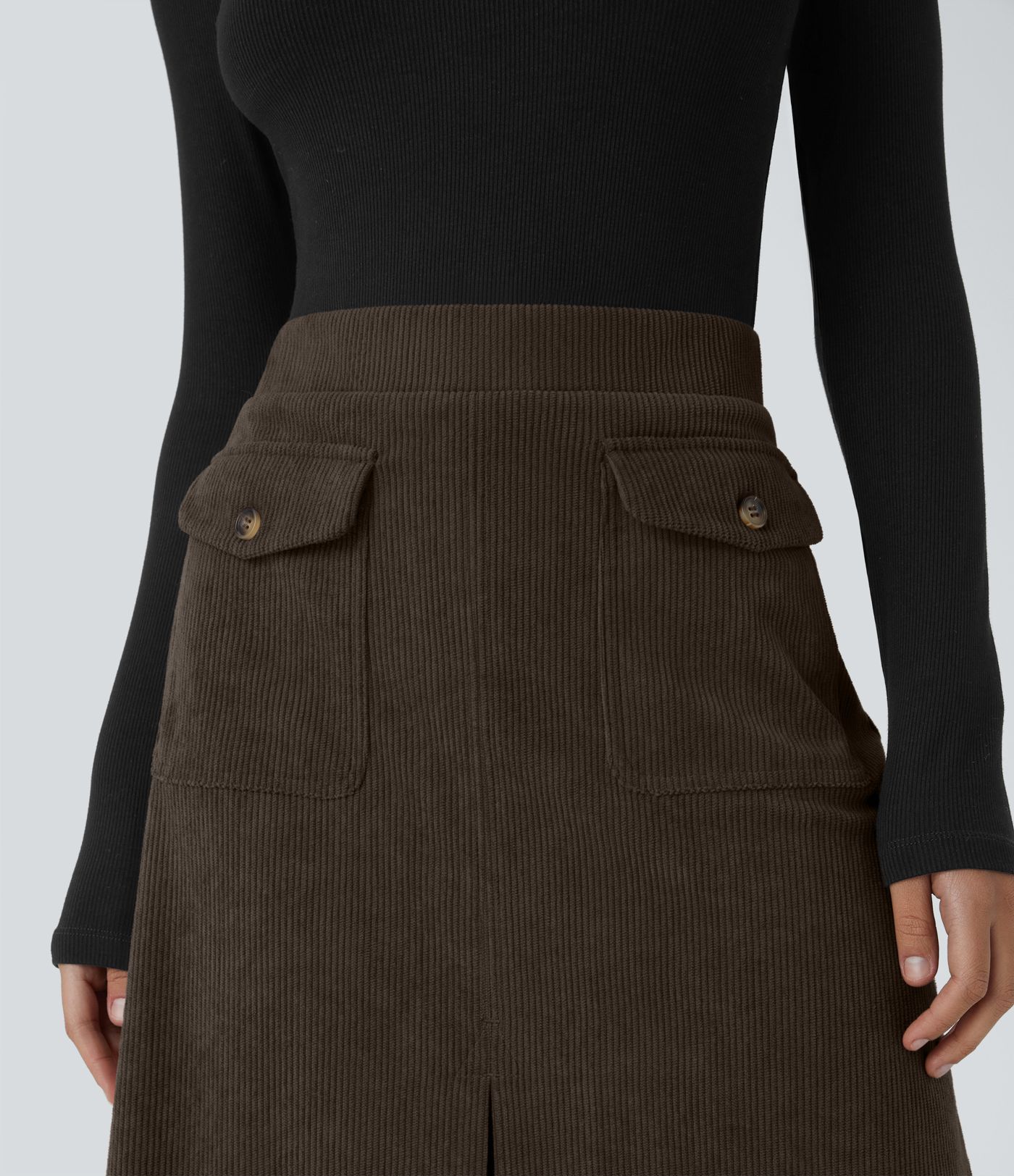 Mid Rise Front Side Flap Pocket Midi Corduroy Casual Skirt