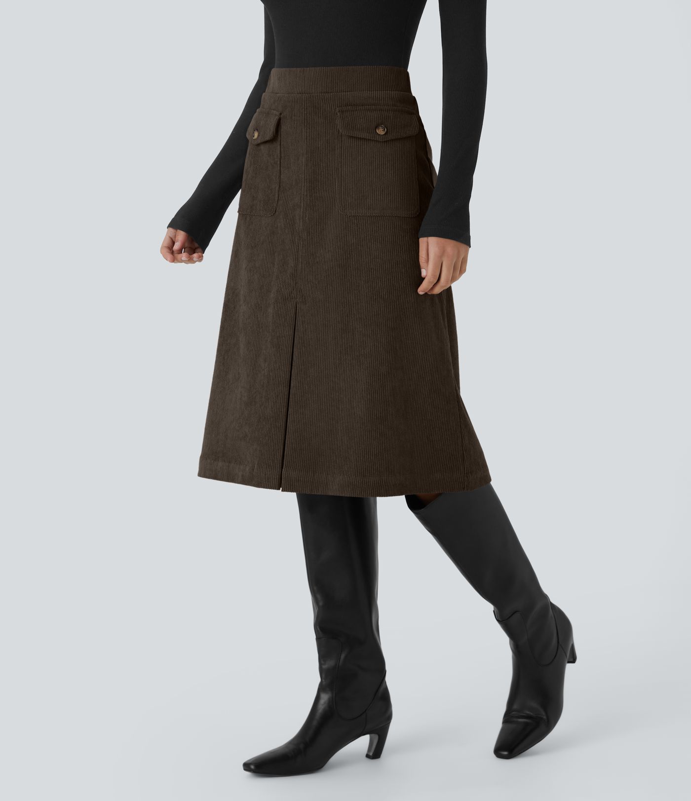 Mid Rise Front Side Flap Pocket Midi Corduroy Casual Skirt