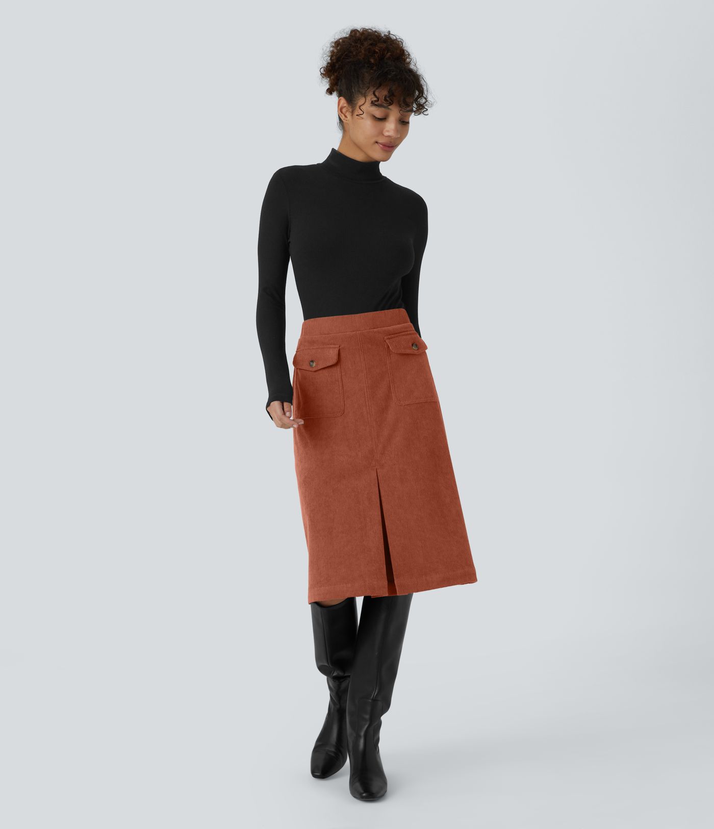 Mid Rise Front Side Flap Pocket Midi Corduroy Casual Skirt