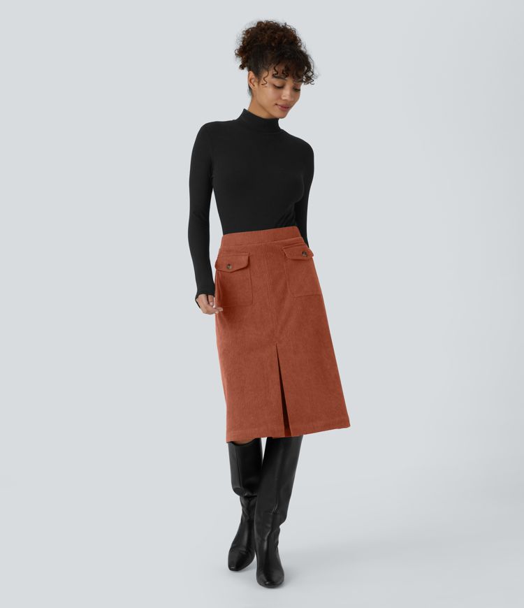 Mid Rise Front Side Flap Pocket Midi Corduroy Casual Skirt