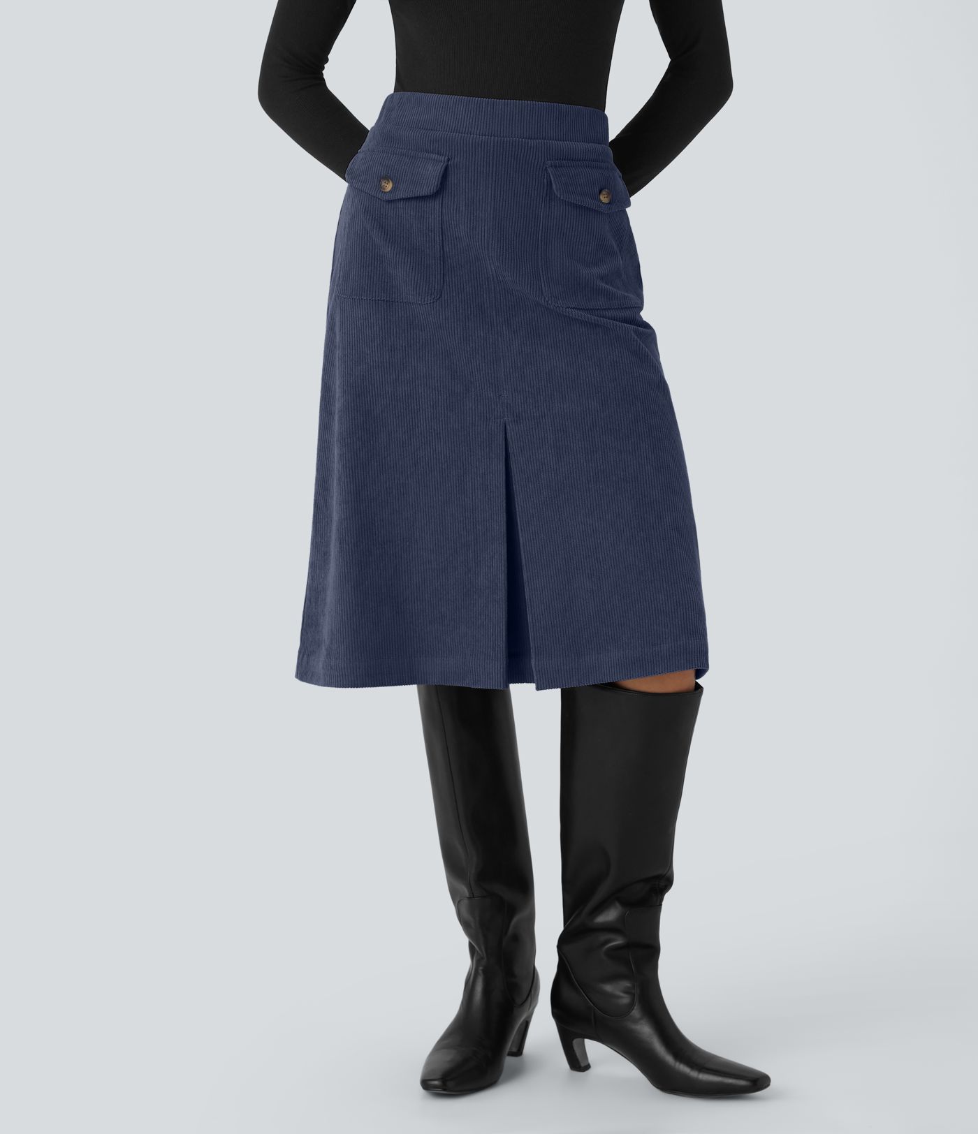Mid Rise Front Side Flap Pocket Midi Corduroy Casual Skirt