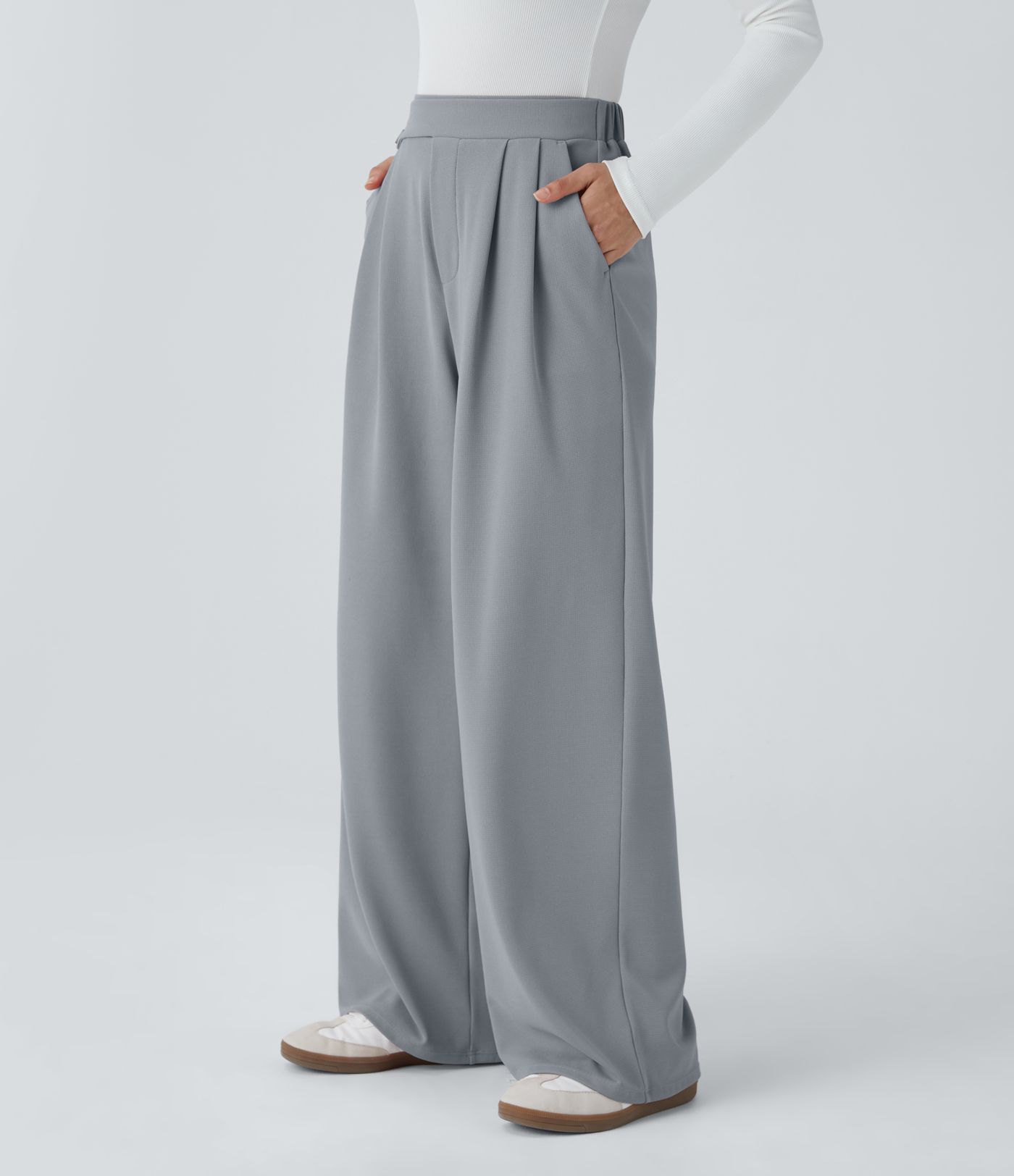 Pantalones casuales anchos de cintura alta con bolsillos y textura de gofre