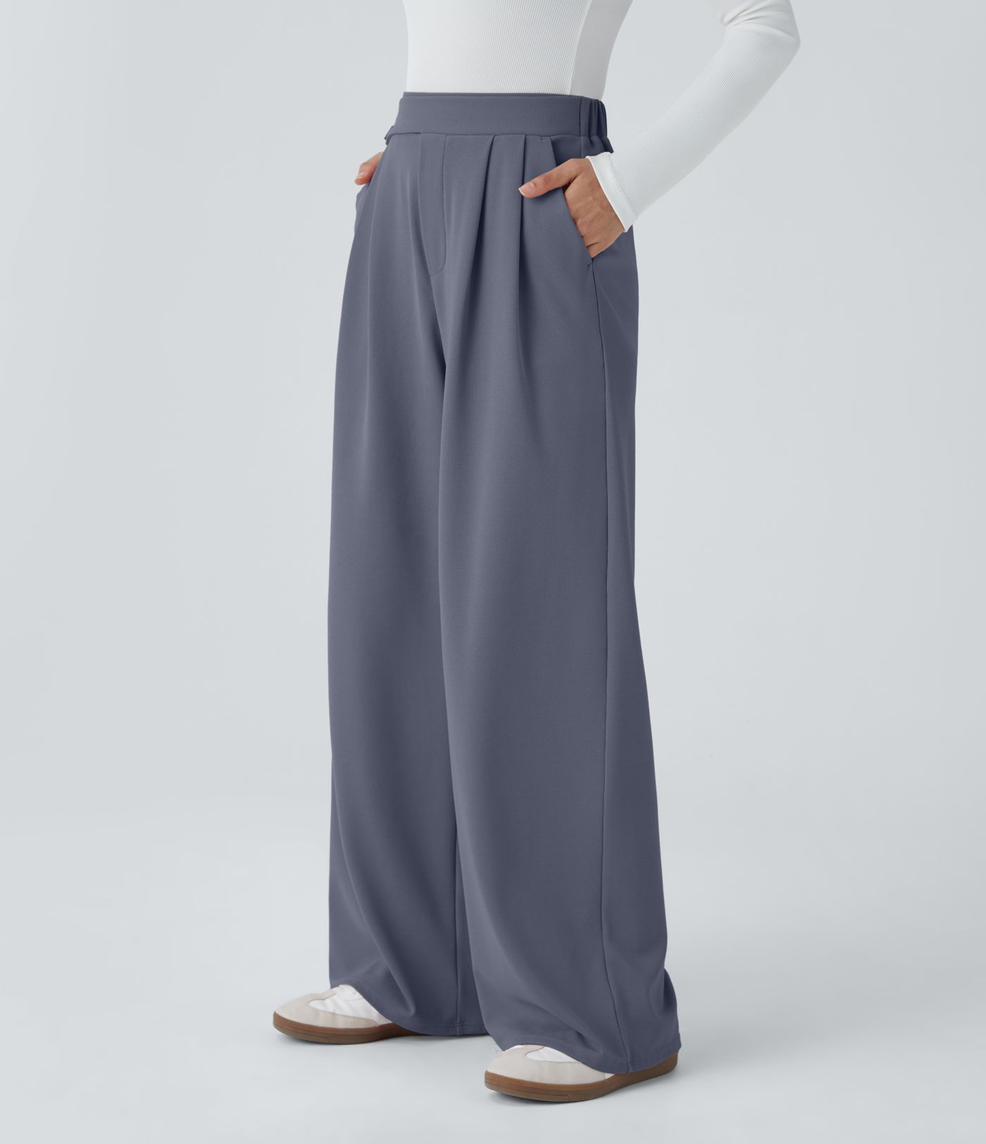 High Waisted Pocket Wide Leg Waffle Casual Pants
