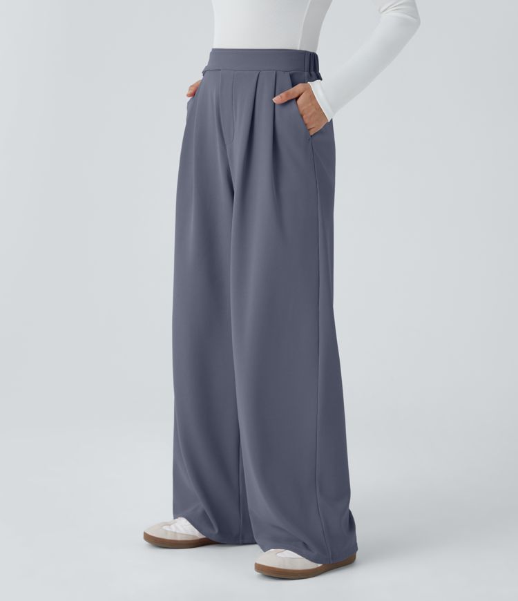 High Waisted Pocket Wide Leg Waffle Casual Pants