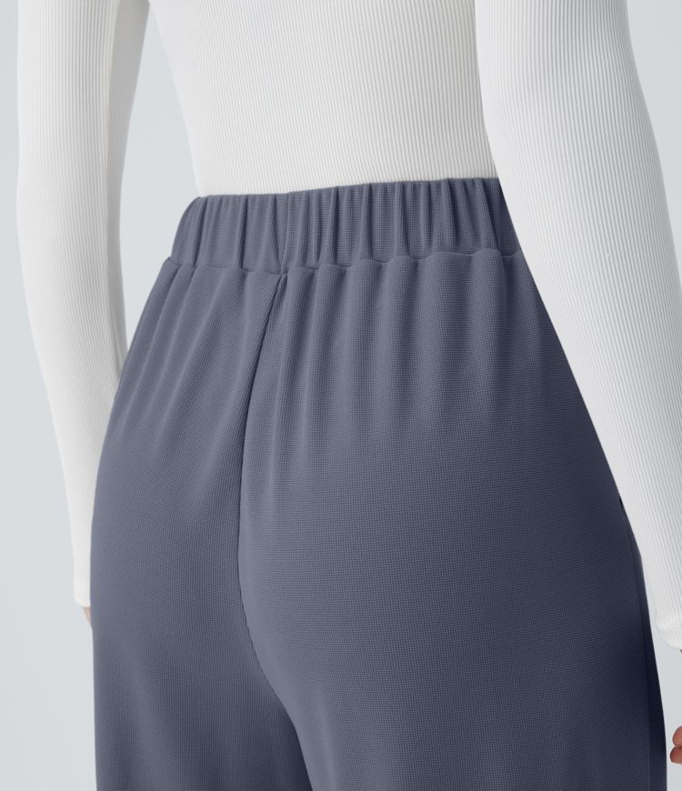 High Waisted Pocket Wide Leg Waffle Casual Pants