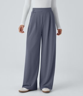 High Waisted Pocket Wide Leg Waffle Casual Pants
