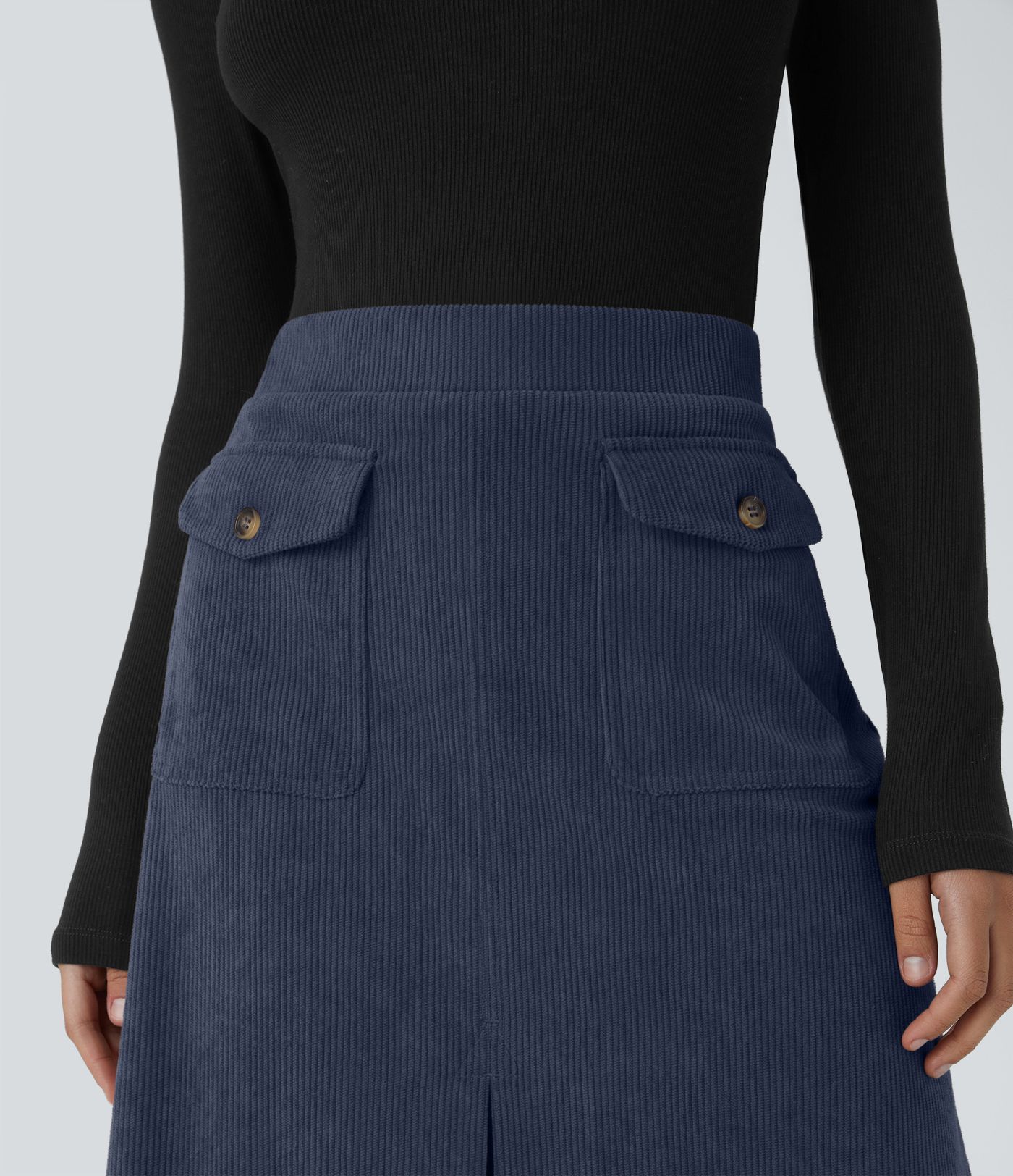 Mid Rise Front Side Flap Pocket Midi Corduroy Casual Skirt