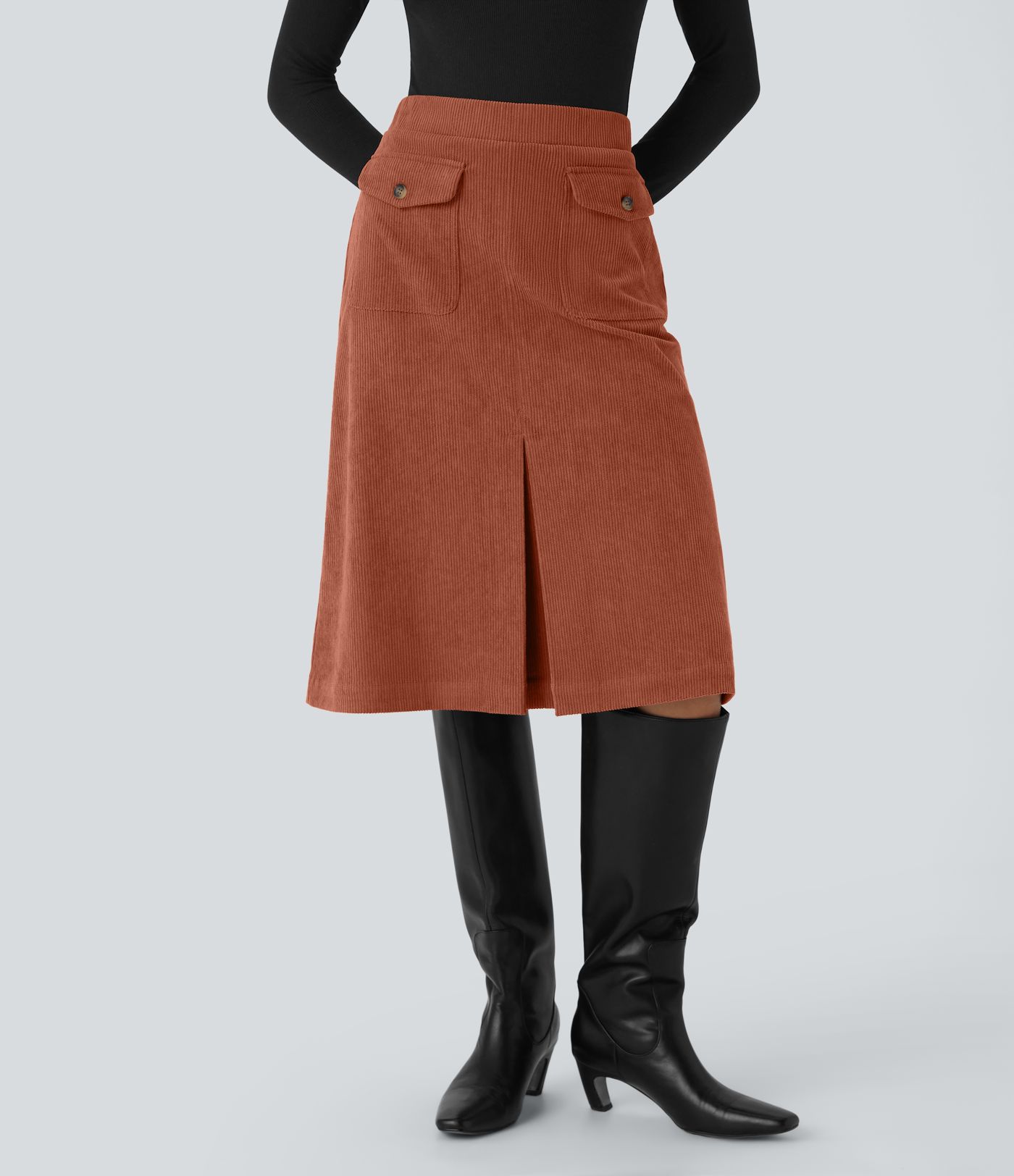 Mid Rise Front Side Flap Pocket Midi Corduroy Casual Skirt