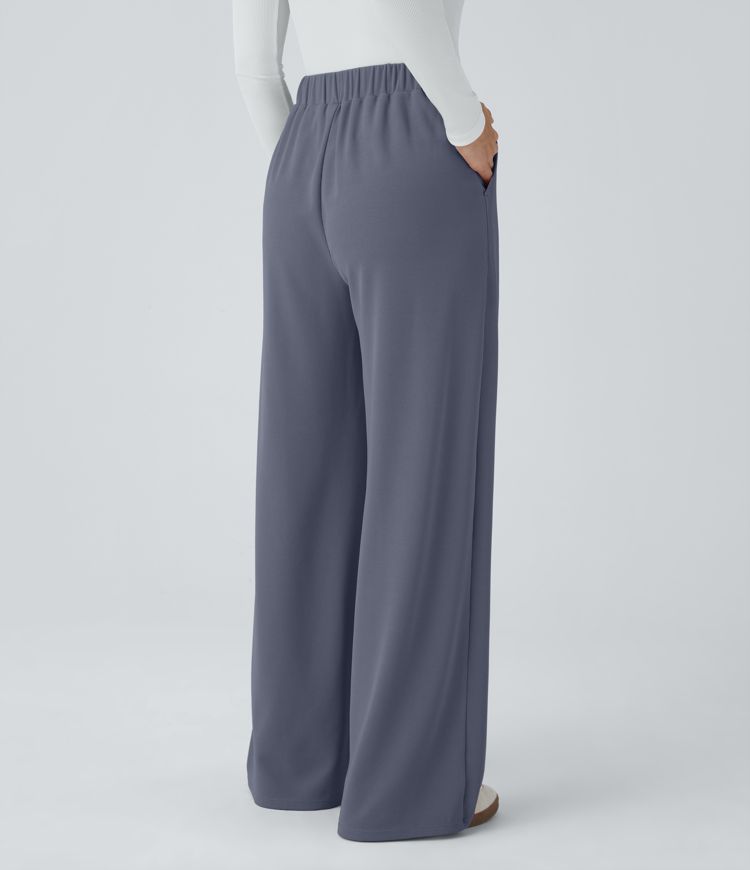 High Waisted Pocket Wide Leg Waffle Casual Pants
