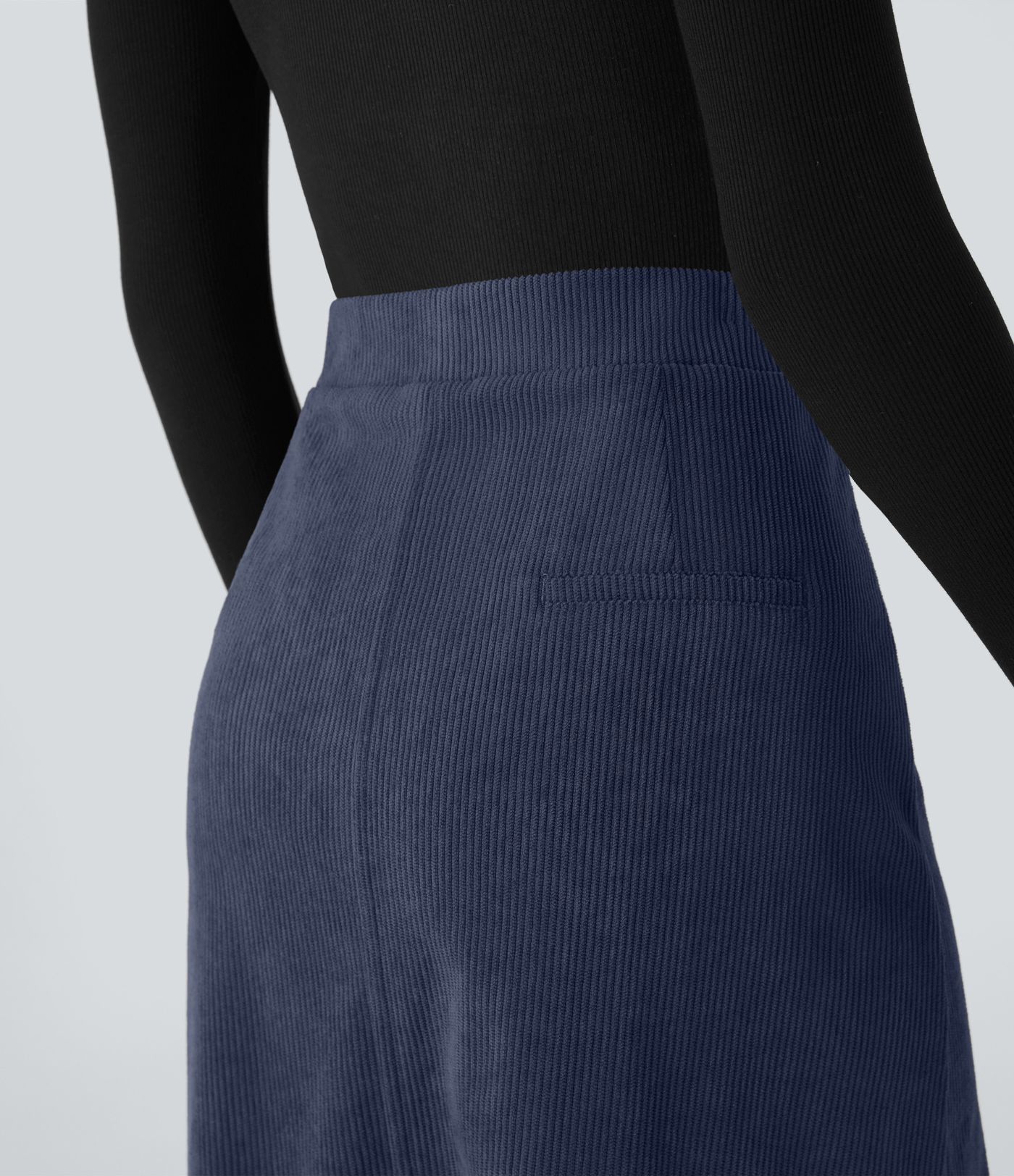 Mid Rise Front Side Flap Pocket Midi Corduroy Casual Skirt