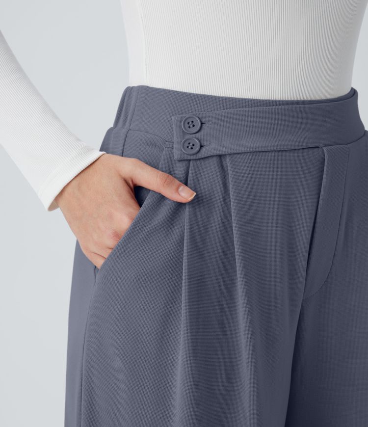 High Waisted Pocket Wide Leg Waffle Casual Pants