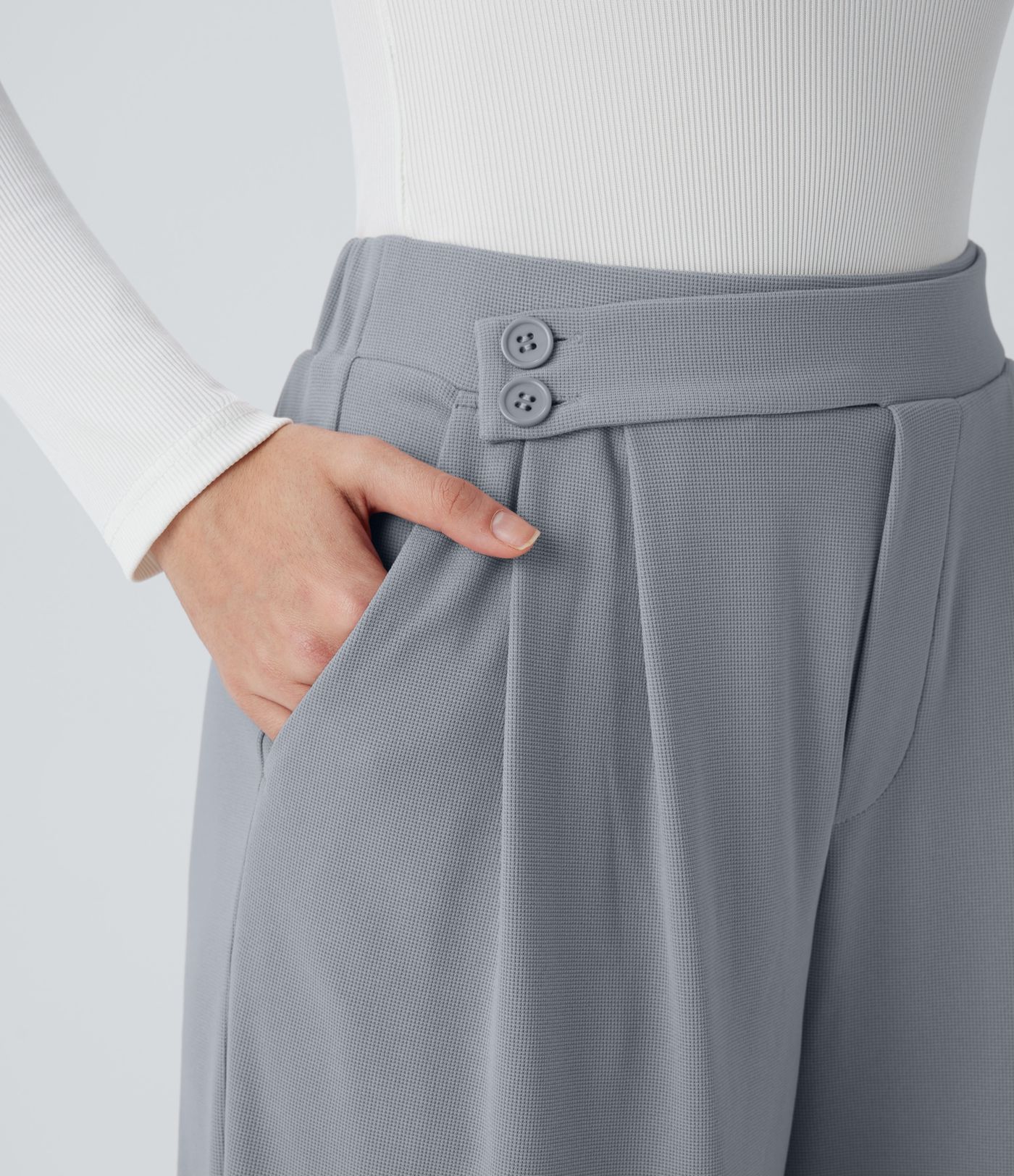 Pantalones casuales anchos de cintura alta con bolsillos y textura de gofre