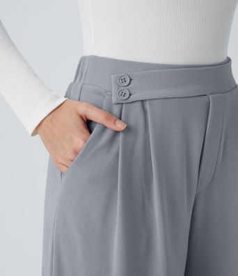 Pantalones casuales anchos de cintura alta con bolsillos y textura de gofre