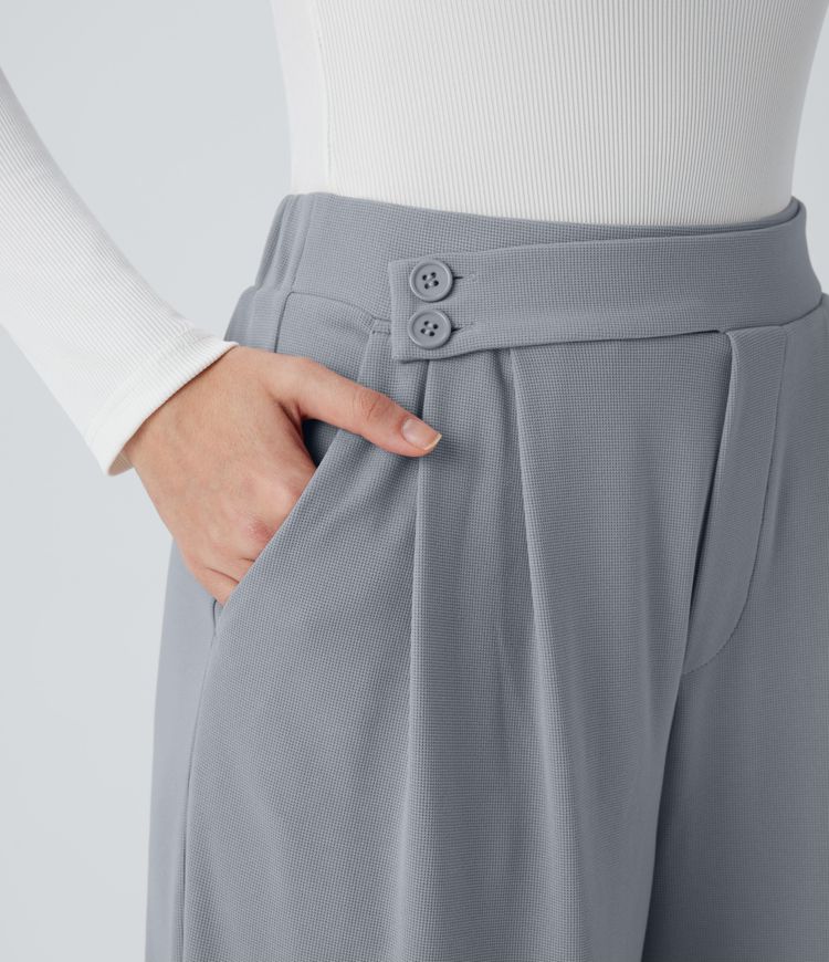 Pantalones casuales anchos de cintura alta con bolsillos y textura de gofre