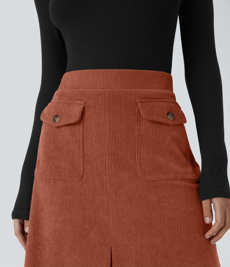 Mid Rise Front Side Flap Pocket Midi Corduroy Casual Skirt
