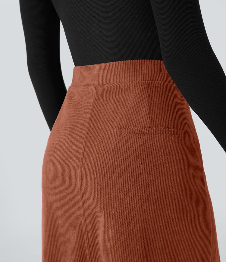 Mid Rise Front Side Flap Pocket Midi Corduroy Casual Skirt
