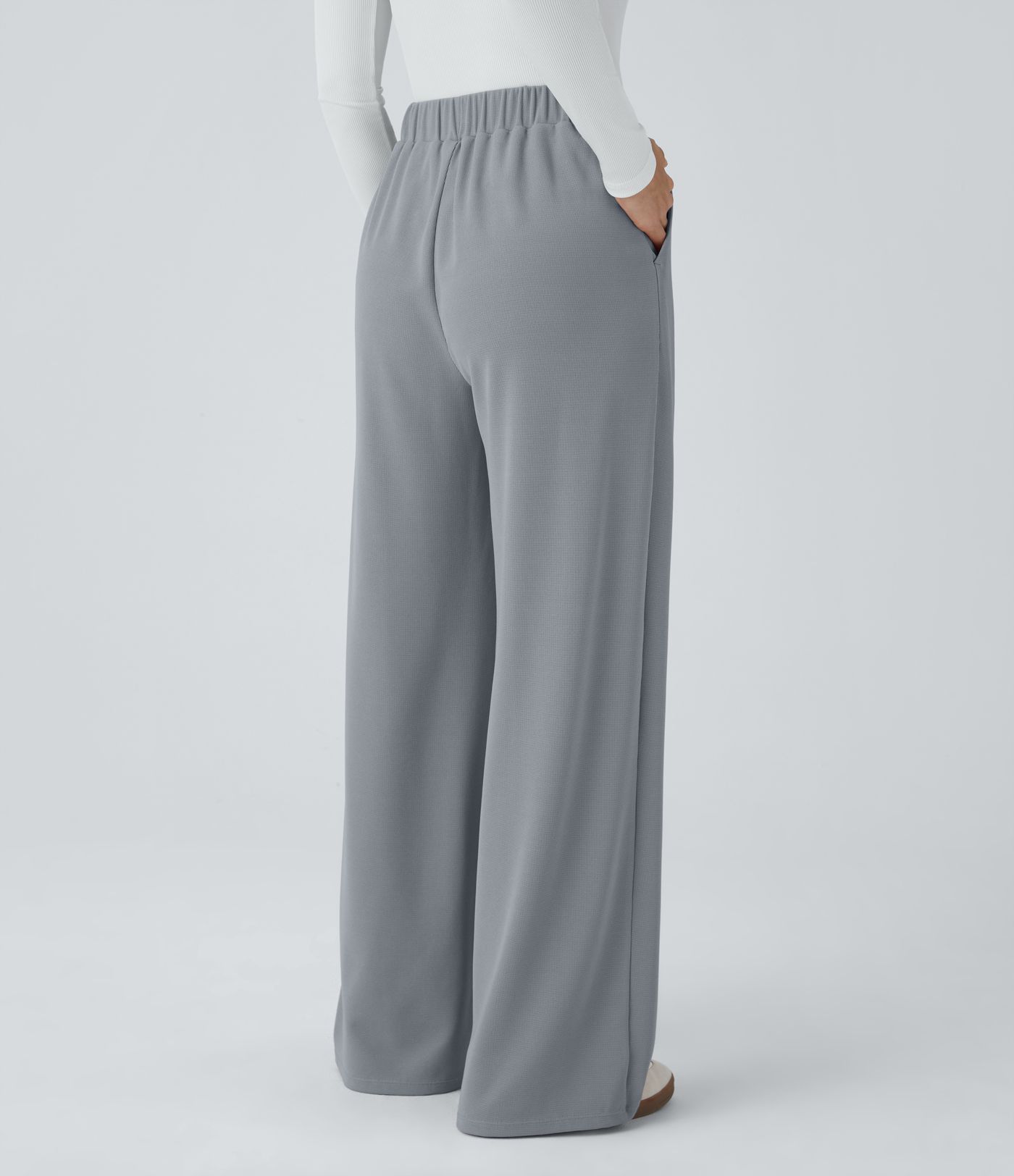 Pantalones casuales anchos de cintura alta con bolsillos y textura de gofre