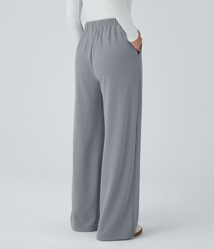 High Waisted Button Plicated Side Pocket Wide Leg Waffle Casual Pants