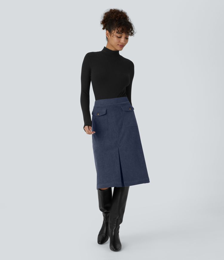 Mid Rise Front Side Flap Pocket Midi Corduroy Casual Skirt