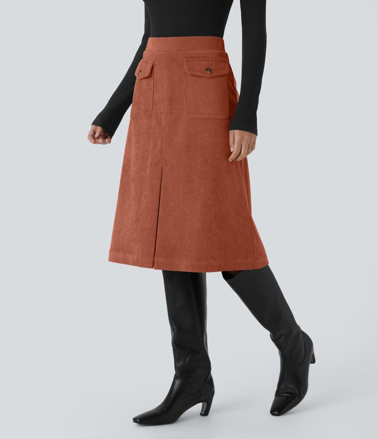 Mid Rise Front Side Flap Pocket Midi Corduroy Casual Skirt