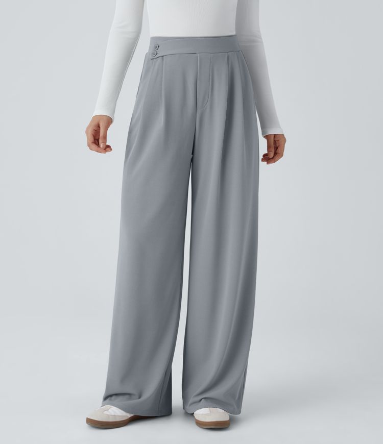 High Waisted Button Plicated Side Pocket Wide Leg Waffle Casual Pants