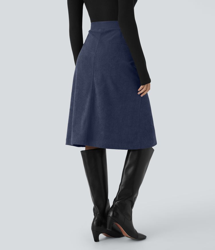 Mid Rise Front Side Flap Pocket Midi Corduroy Casual Skirt