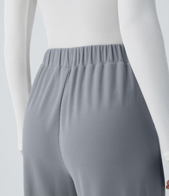 Pantalones casuales anchos de cintura alta con bolsillos y textura de gofre