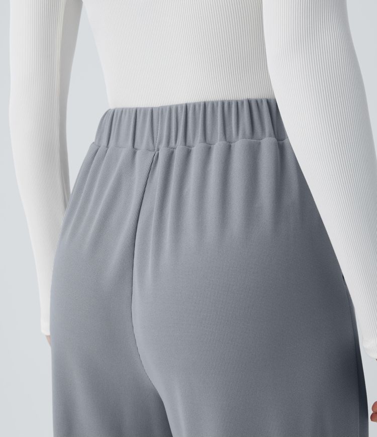 Pantalones casuales anchos de cintura alta con bolsillos y textura de gofre