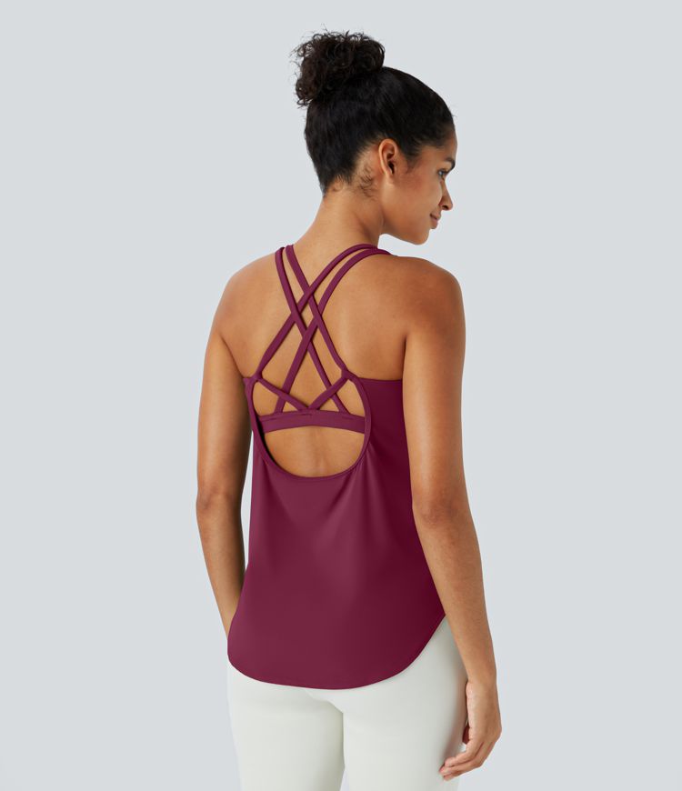Halara UltraSculpt™ Rückenfreies Lauf-Tanktop mit U-Ausschnitt und überkreuztem, abgerundetem Saum