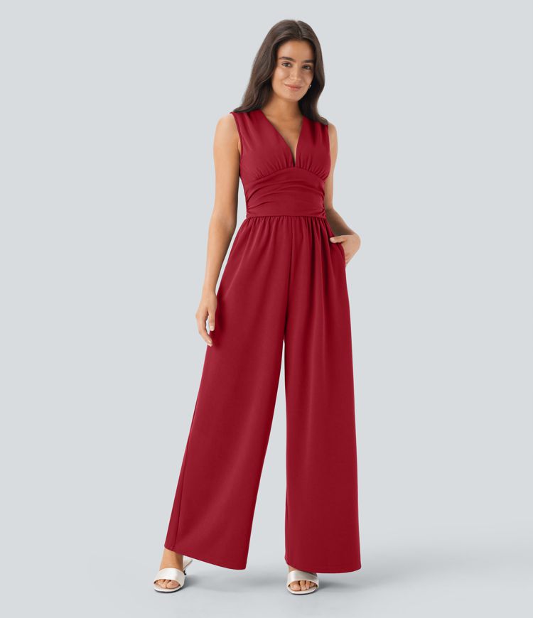 Combinaison de soirée col V sans manches avec fronces, poches latérales et zip invisible - Édition Easy Peasy