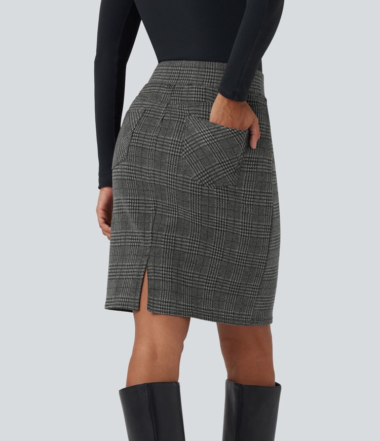 High Waisted Bodycon Houndstooth Plaid Mini Work Skirt with Pockets