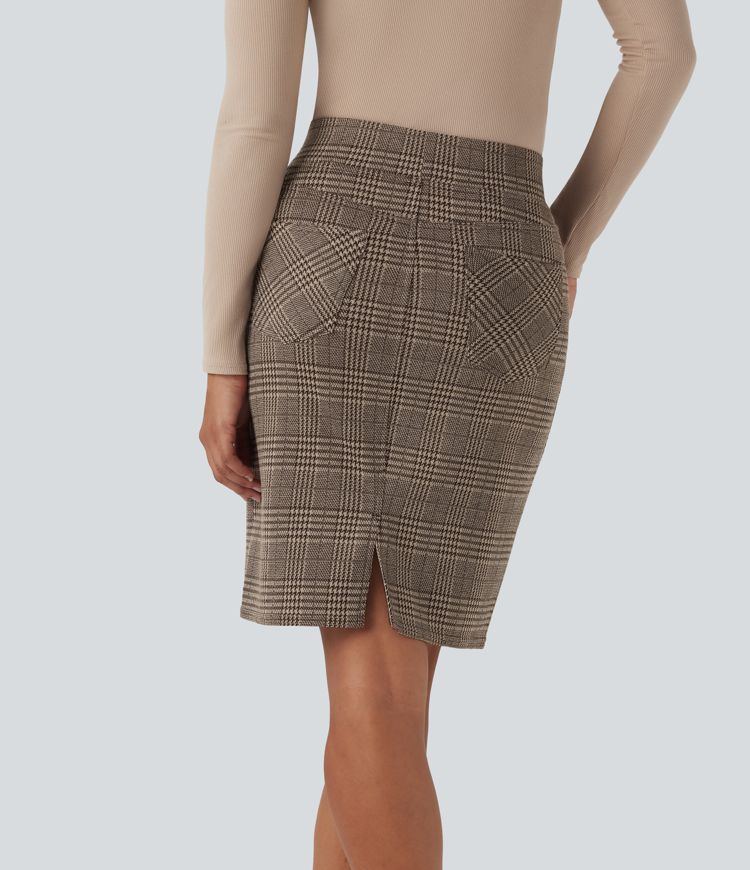 High Waisted Bodycon Houndstooth Plaid Mini Work Skirt with Pockets