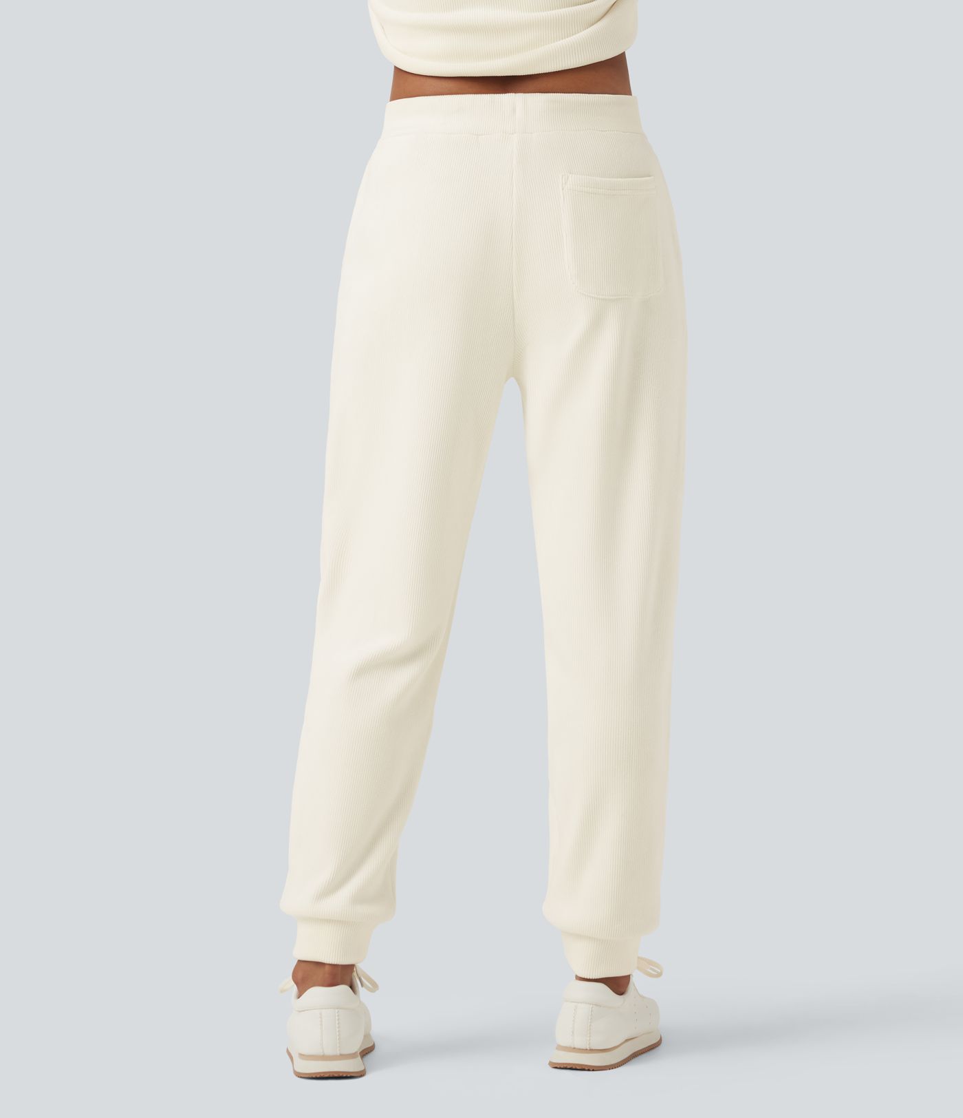 Ribbed Knit Mid Rise Drawstring Tapered Fleece Casual Joggers with Pockets