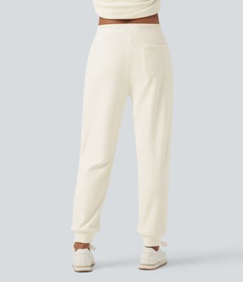 Ribbed Knit Mid Rise Drawstring Tapered Fleece Casual Joggers with Pockets