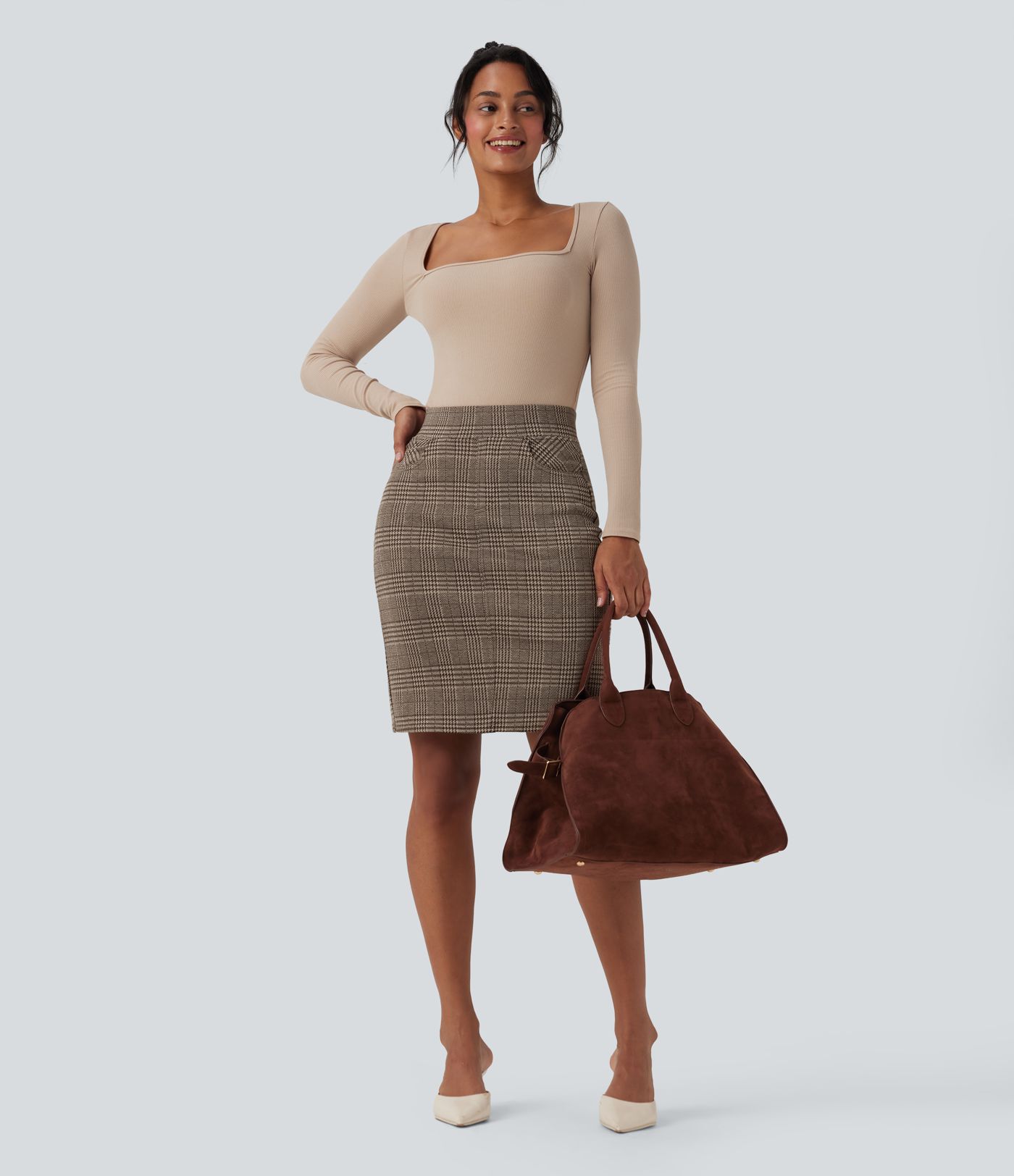 High Waisted Bodycon Houndstooth Plaid Mini Work Skirt with Pockets