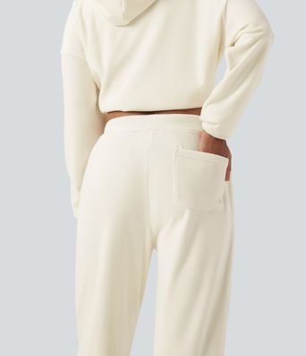 Ribbed Knit Mid Rise Drawstring Tapered Fleece Casual Joggers with Pockets